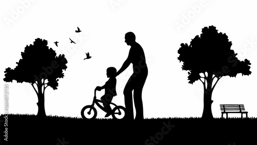 Silhouette of father teaching child to ride bike in park with trees bench and birds in black and white