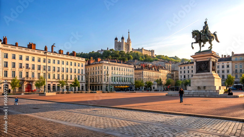 Sunny plaza view of place bellecour in lyon with grand architecture