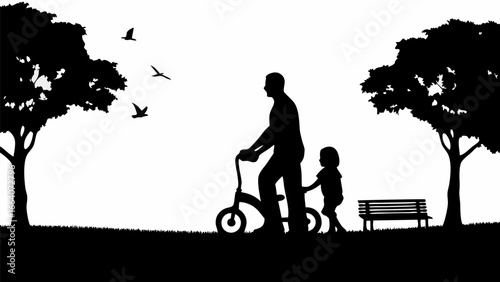 Silhouette of father and child with tricycle in park with bench and trees under flying birds view scene