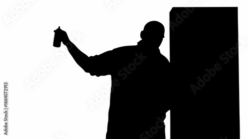 Silhouette of a person spraying graffiti on a wall with a can in black and white illustration art