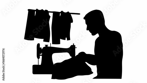Silhouette of a tailor working at a sewing machine with garments hanging on a rack in the background