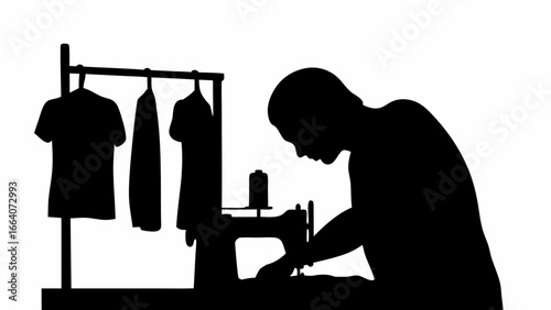 Silhouette of a tailor working at a sewing machine with clothes hanging on a rack in the background