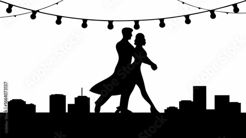Silhouette of a couple dancing in front of a cityscape under string lights creating a romantic scene