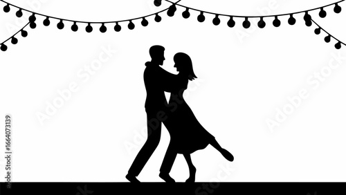 Silhouette of a couple dancing under string lights creating a romantic and festive atmosphere at night