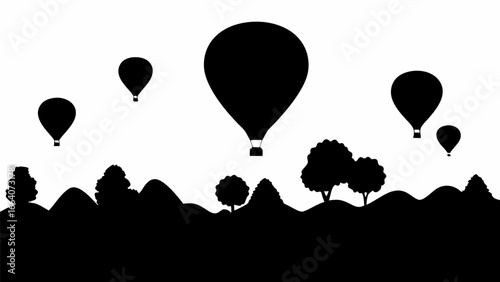 Silhouette landscape with rolling hills trees and hot air balloons in a monochrome black and white design