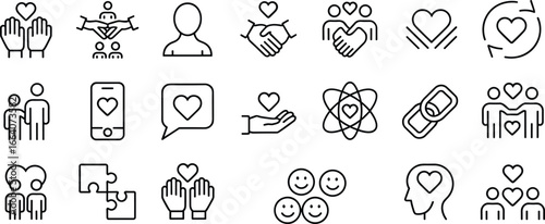 Love and care icons, compassion support, family relationship, kindness charity, emotional connection, mental health, humanity, friendship trust, happiness design