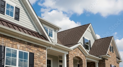 A beautiful suburban home with a stone and siding facade, dark shutters, and a dark shingle roof under a bright blue sky with fluffy white clouds
