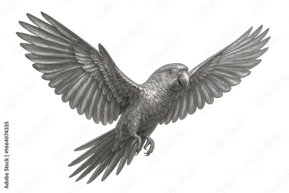 Obraz premium Hyperrealistic pencil drawing of a silver macaw parrot flying with open wings on transparent background
