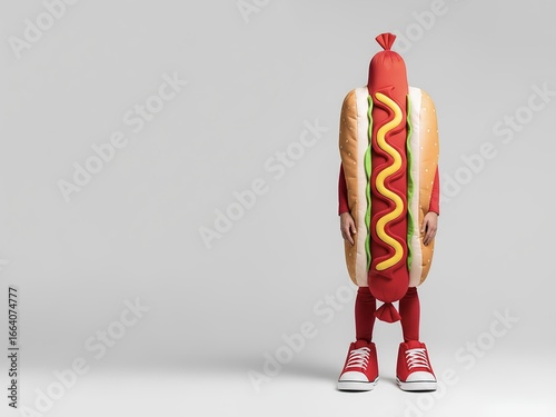 Funny hot dog costume person standing in a studio, humor and food