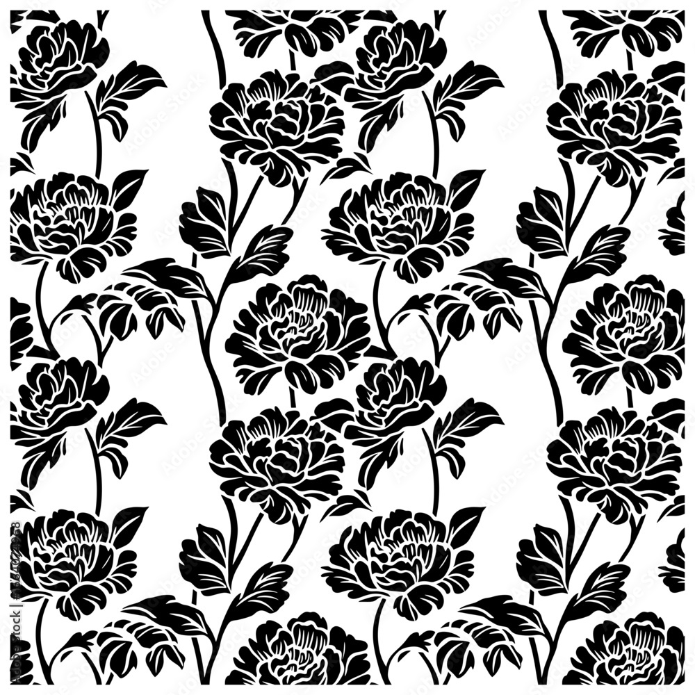 Fototapeta premium Peony flower seamless pattern silhouette background