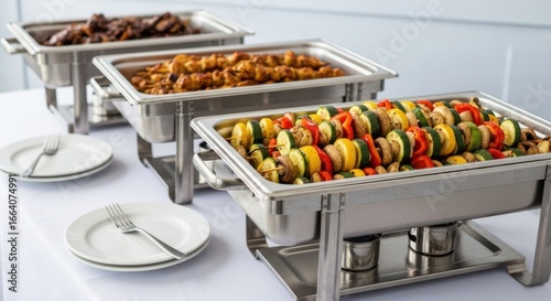 A catering buffet features three chafing dishes filled with various delicious foods, including meat skewers and vegetable skewers, with plates and forks set on a white tablecloth