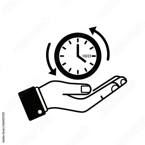 Vector art of clock with arrows indicating time passing, held in a hand