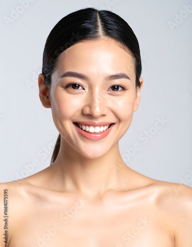 A closeup portrait of a smiling young woman with clear skin and dark hair pulled back