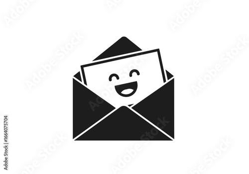 Vector art of black and white illustration of an open envelope with a happy smiling paper inside