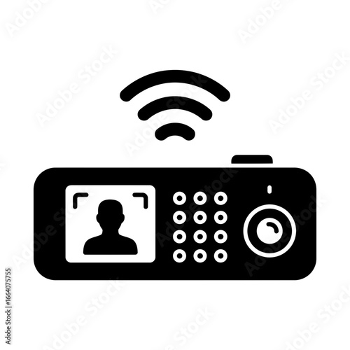 Vector art of black and white icon of a wireless security camera with facial recognition capabilities, a keypad, and a signal icon, representing modern access control technology