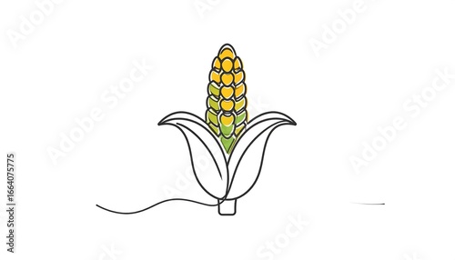 A single-line drawing of a corn cob with vibrant yellow and green coloring, highlighted against a plain white background.