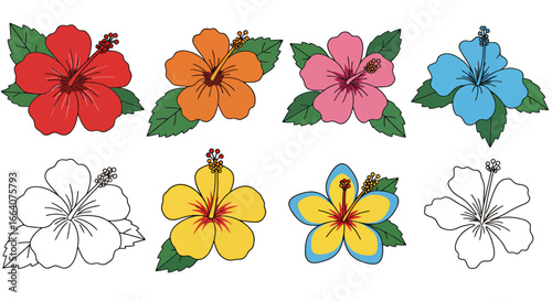 Collection of eight vibrant hibiscus flower vector PNG illustrations, showcasing various colors including red, orange, pink, blue, yellow, and a monochrome version, ideal for design projects needing