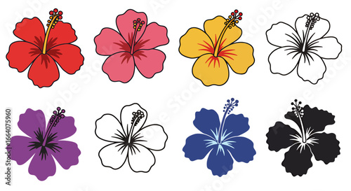Collection of colorful hibiscus flowers in various shades including red, pink, yellow, white, purple, blue, and black, presented as vector graphics.