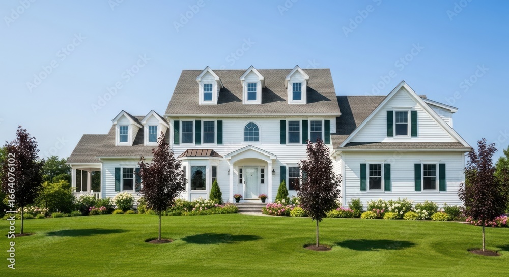Fototapeta premium A beautiful white colonialstyle house with green shutters and manicured landscaping sits under a clear blue sky