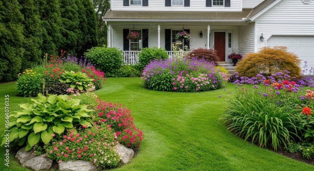 Obraz premium A beautiful suburban home showcases a vibrant and meticulously landscaped garden bursting with colorful flowers and lush green lawn
