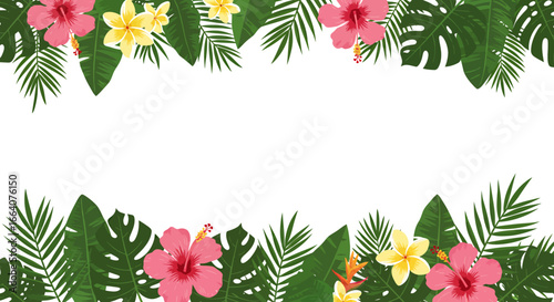 Vibrant tropical floral border with pink hibiscus and yellow plumeria flowers, lush green monstera and palm leaves, perfect for summer designs.