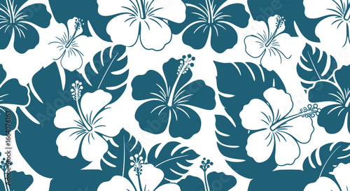 Teal and white hibiscus flower vector seamless pattern, perfect for summer fashion, Hawaiian design, or tropical backgrounds.  High-resolution PNG for easy download and versatile use in various