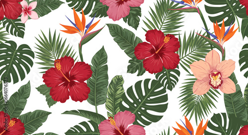 Vibrant hibiscus and tropical flowers vector seamless pattern, perfect for textile prints, wallpapers, and various design projects, available as high-resolution PNG for crisp, clear images.