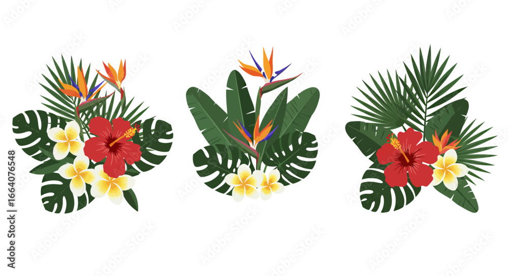 Obraz premium Vibrant tropical floral arrangements featuring hibiscus and bird of paradise flowers with lush green foliage, perfect for summer designs.