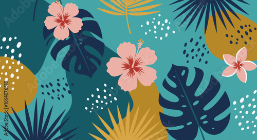 Vibrant vector graphic featuring hibiscus flowers and monstera leaves in a tropical pattern, ideal for summer designs and backgrounds, evoking a fresh, exotic vibe.