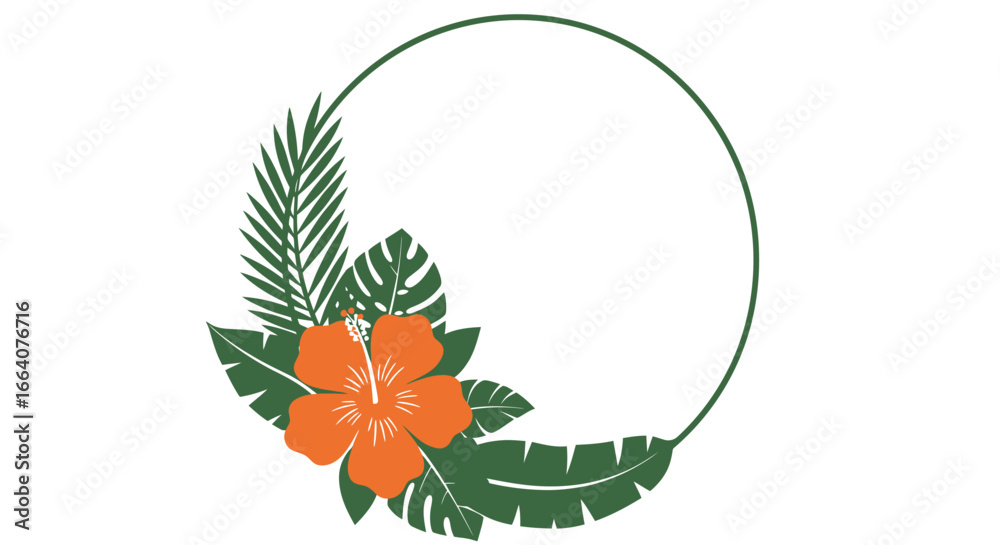 Fototapeta premium Vector hibiscus png image of an orange hibiscus flower with tropical leaves in a circular frame, perfect for summer designs, branding, and invitations.