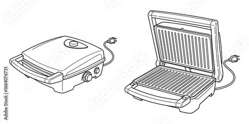 Contour Drawing of Grill or Sandwich Maker in Open and Closed Positions on White