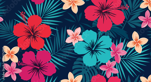 Vibrant hibiscus flowers and tropical leaves are artistically arranged in a visually appealing vector graphic, perfect for summer-themed designs and backgrounds.