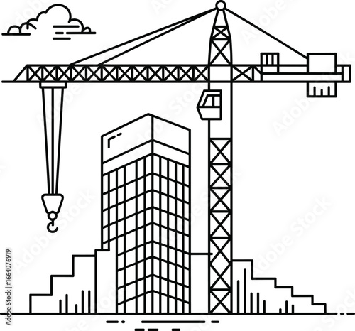 Construction crane building skyscraper, urban development line art, modern city skyline, architecture illustration, tower construction, black outline vector