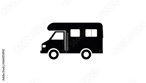 Simple black silhouette of a camper van, highlighting its profile view against a plain white background.