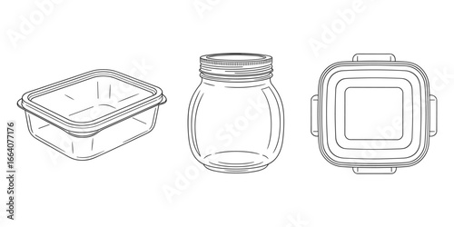 Diverse Containers Collection: Rectangular Tray, Glass Jar, Square Container - Line Art
