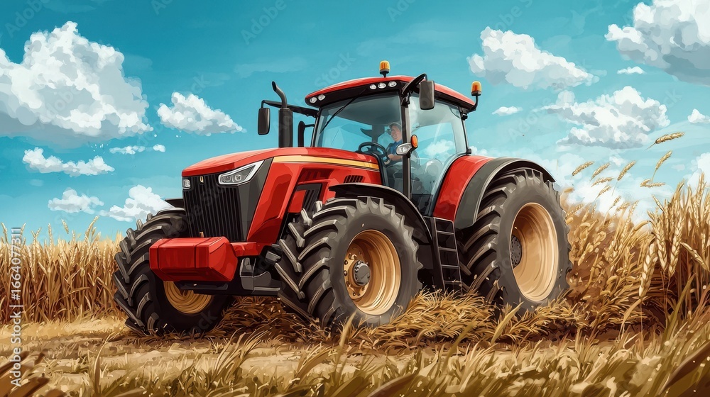 Naklejka premium Red Tractor in Golden Wheat Field Under Blue Sky