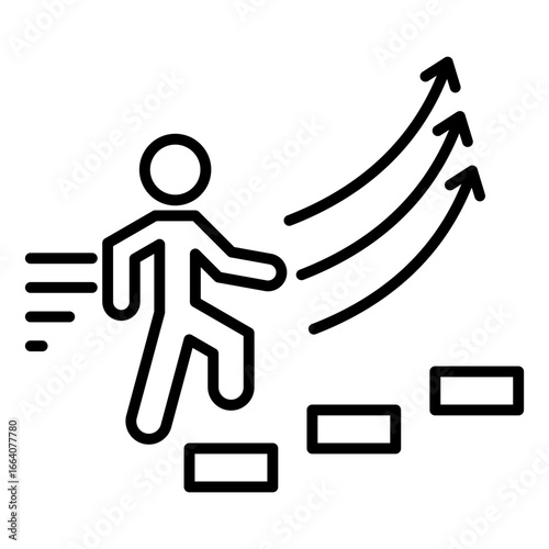 Man climbing steps with upward arrows illustrating career ladder and progress, a simple outline icon concept