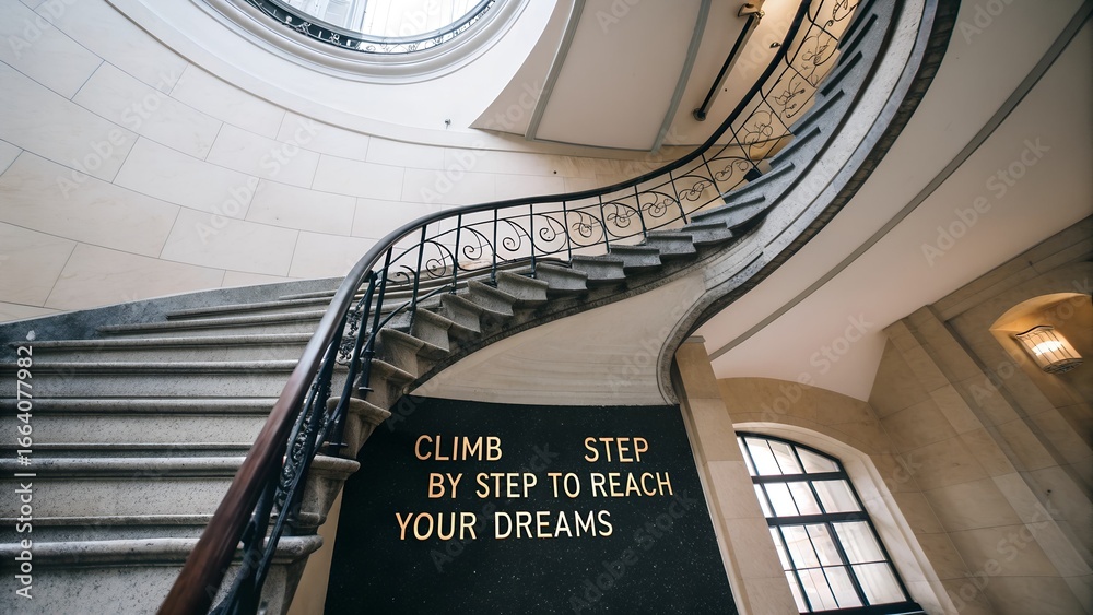 Obraz premium Inspirational Spiral Staircase with Motivational Quote in Modern Space