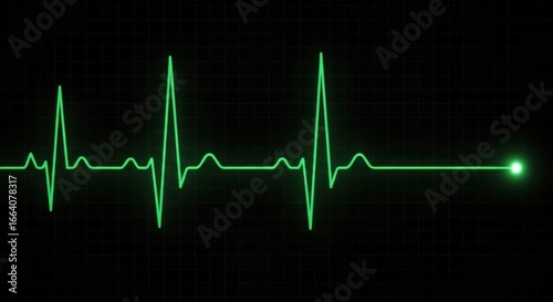 A green ekg signal on a black screen, symbolizing heart health, medical diagnostics, and the delicate balance between life and death