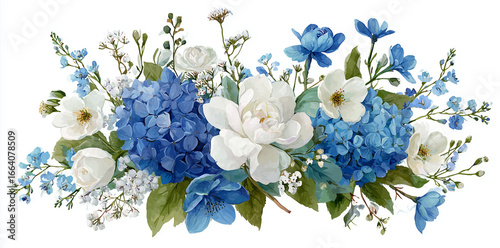 Floral watercolor features blue hydrangeas and white roses. Creates invitations, card designs, social media, and wedding graphics.