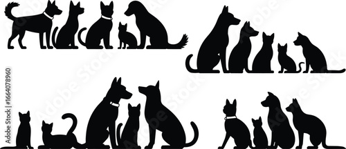 Dog and cat silhouettes, pet sitting, domestic animals, dog cat family, pet care, animal silhouette, cats dogs vector art