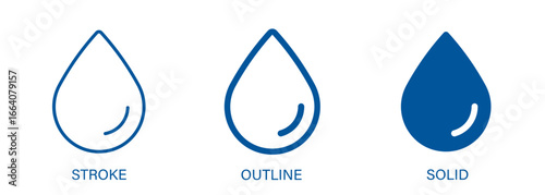 Water drop icon with editable stroke, outline and solid styles. Vector icon for liquid, water and nature.