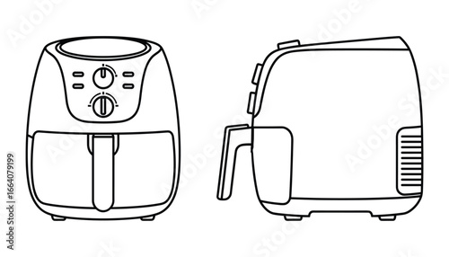 Front and side view of a sleek modern digital air fryer appliance with control knobs