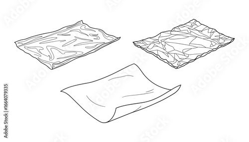 Set of Three Abstract Foil Shapes: Smooth, Crumpled, and Flattened for Artistic Designs