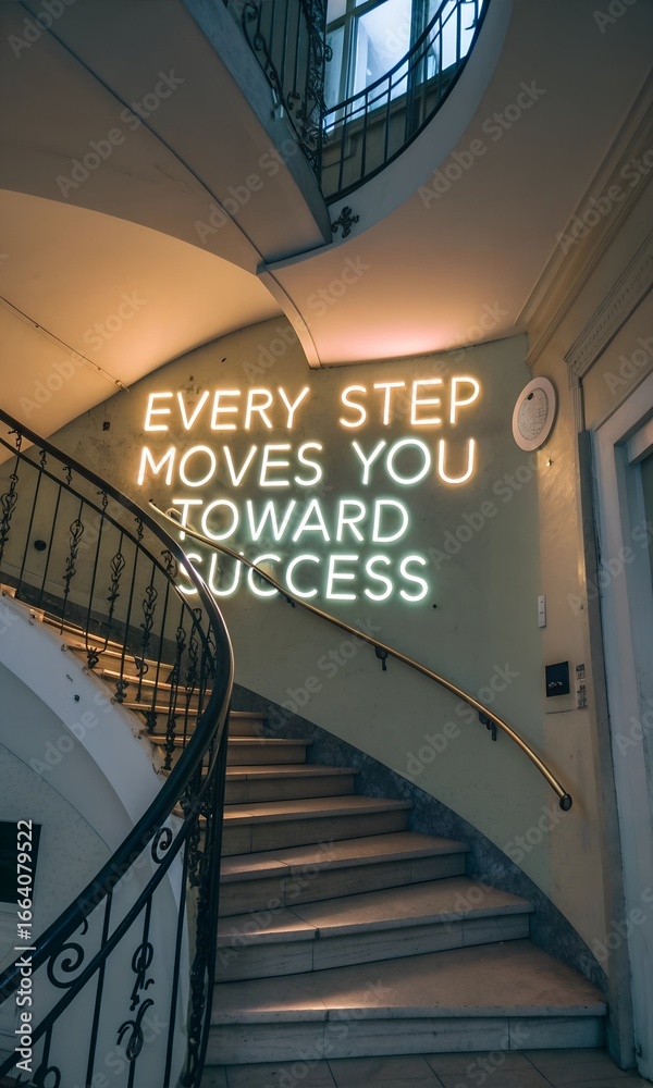 Obraz premium Inspirational Neon Sign on a Staircase Promoting Motivation and Success