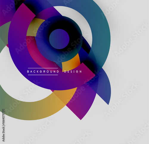 Abstract colorful shapes overlap, creating dynamic visual effect. Modern design utilizes gradients, curves, contrasting colors. Background is gray.