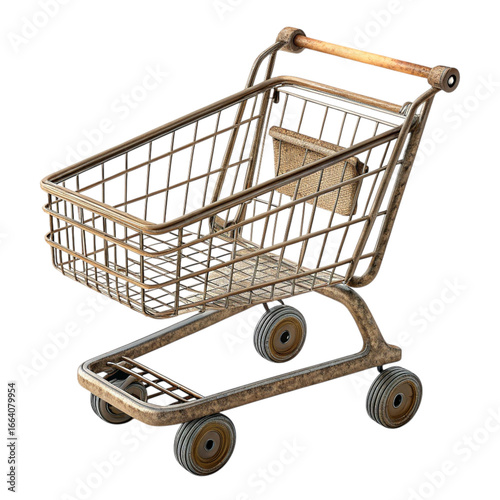 Rusty metal shopping cart with worn wooden handle on black background