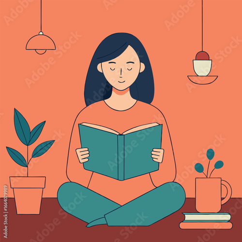 Young woman reading a book and imaging fantasy worlds vector illustration