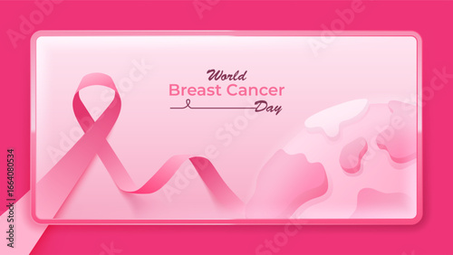 Pink ribbon illustration for World Breast Cancer Day awareness with global health support design.