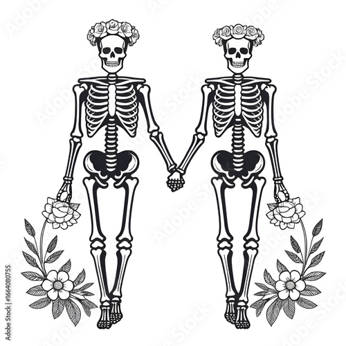 Skeleton couple wear flower crown walking hand in hand a minimalist monochrome vector graphic.